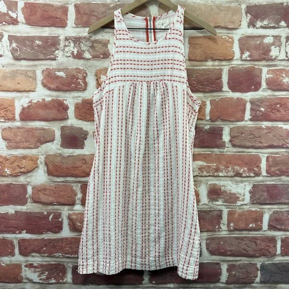 Lou & Grey Dress Womens Large White Red Diamond Striped Embroidered Gauzy Zip Up - Picture 6 of 8